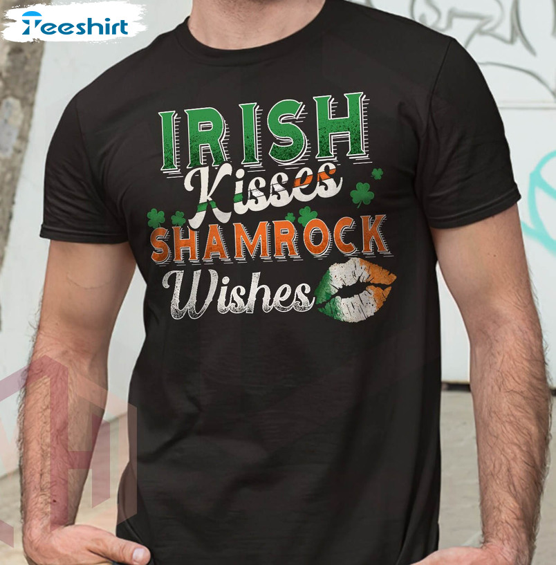 Irish Kisses Shamrock Wishes Cute Shirt, Irish Lips St Patricks Day Unisex Hoodie Long Sleeve