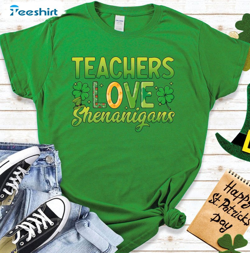 Teachers Love Shenanigans Saint Patricks Day Shirt, Cute Shamrock Unisex T-shirt Short Sleeve