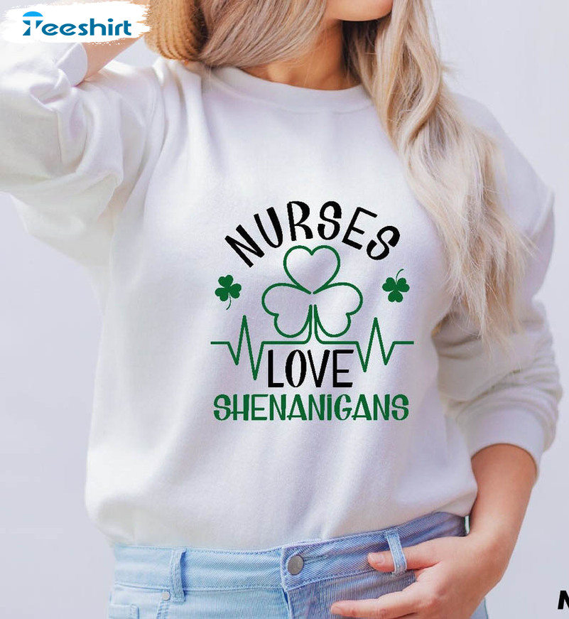 Cute Nurses Love Shenanigans Shirt, Vintage Shamrock Heartbeat Long Sleeve Unisex T-shirt