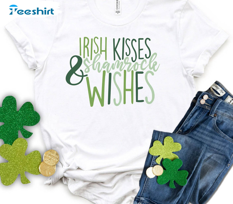 Irish Kisses And Shamrock Wishes Shirt, Trendy Irish Long Sleeve Unisex Hoodie