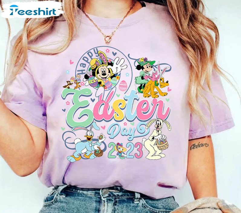 Disney Happy Easter Day Cute Shirt, Trendy Mickey And Friends Easter Unisex Hoodie Long Sleeve