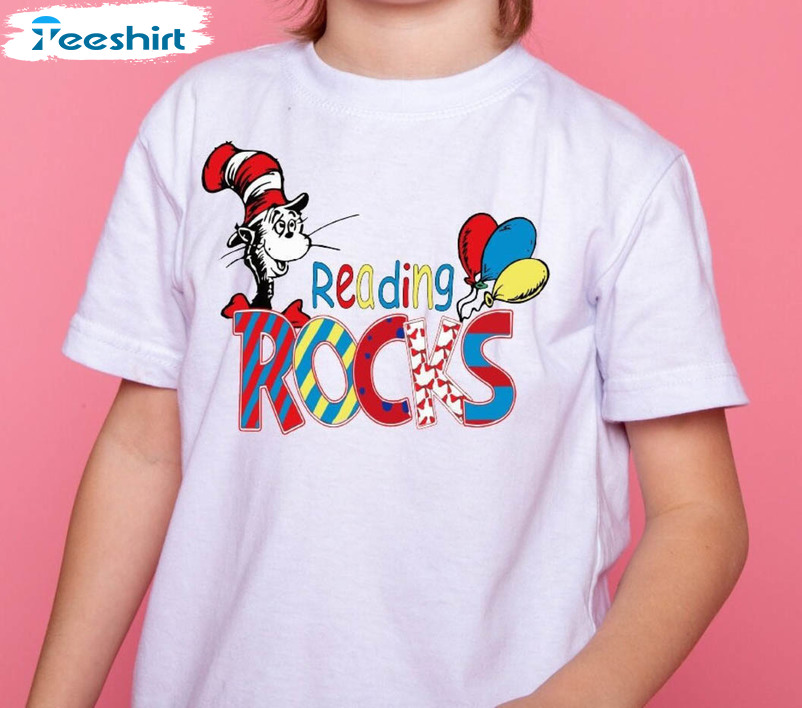 Reading Rocks Cute Shirt, Trendy Dr Seuss Short Sleeve Crewneck