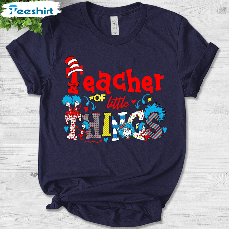 Teacher Of Little Things Cute Shirt, Cat In Hat Funny Tee Tops Short Sleeve