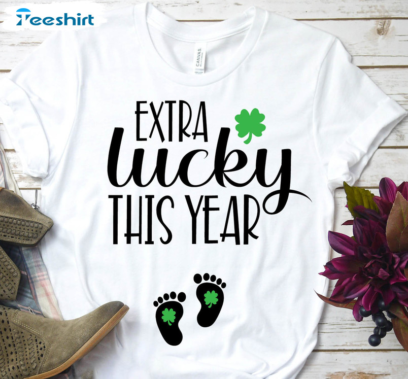 St Patricks Day Pregnancy Announcement Cute Shirt, Extra Lucky This Year Short Sleeve Crewneck