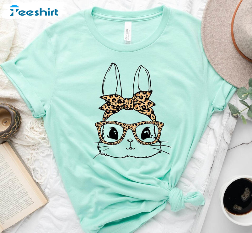 Bunny With Leopard Glasses Shirt, Ladies Easter Bunny Crewneck Unisex Hoodie