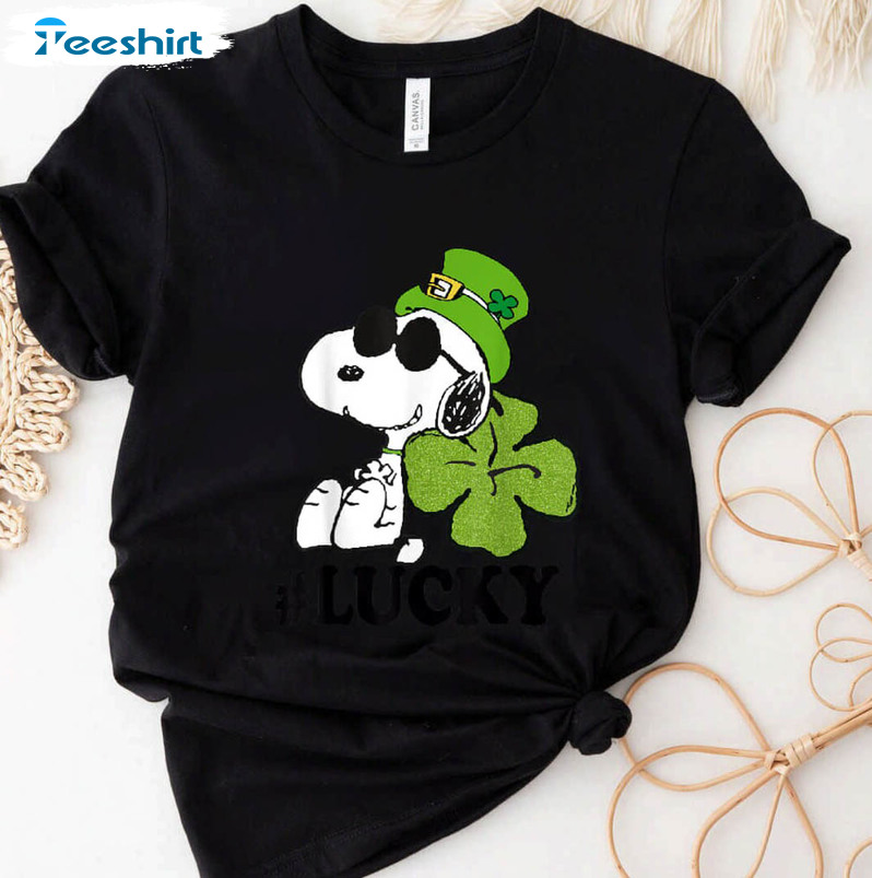 Peanuts St Patricks Day Shirt, Snoopy Lucky Clover Crewneck Unisex Hoodie