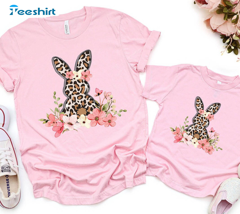 Cute Floral Leopard Bunny Shirt, Easter Floral Unisex Hoodie Tee Tops