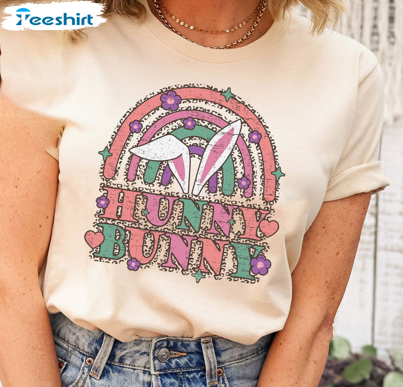 Retro Rainbow Hunny Bunny Easter Shirt, Easter Day Long Sleeve Unisex T-shirt
