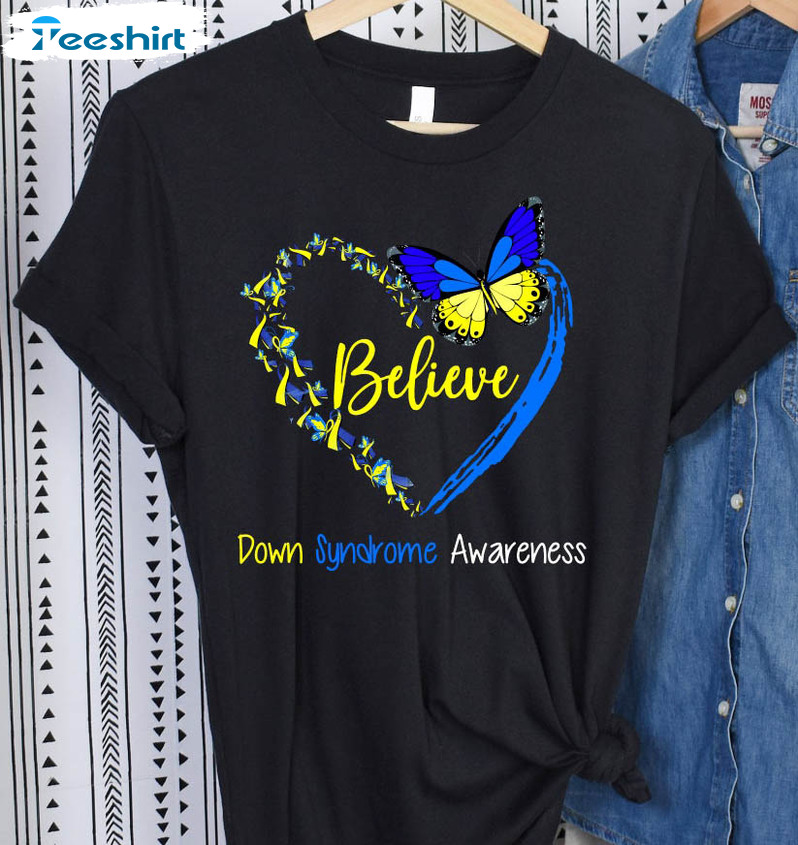 Down Syndrome Awareness Trendy Shirt, Blue Yellow Ribbon Long Sleeve Unisex T-shirt