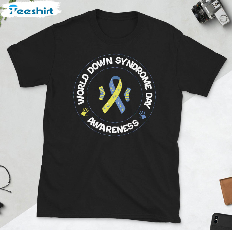 World Down Syndrome Day Awareness Ribbon Shirt, Trendy March 21 Down Syndrome Short Sleeve Crewneck