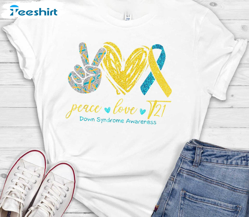 Peace Love T21 Trendy Shirt, Blue Yellow Ribbon Short Sleeve Long Sleeve