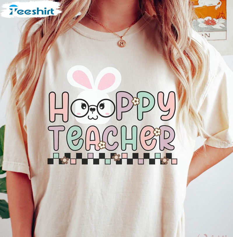 Retro Easter Teacher Shirt , Hoppy Teacher Bunny Short Sleeve Tee Tops