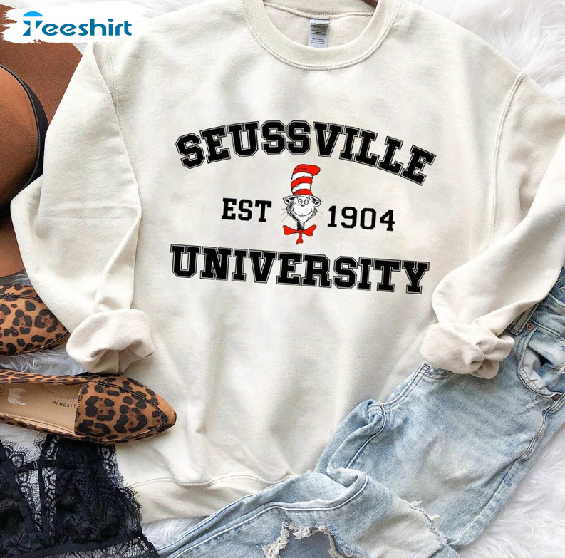 Seussville Est 1904 University Sweatshirt, Cat In The Hat Unisex T-shirt Short Sleeve