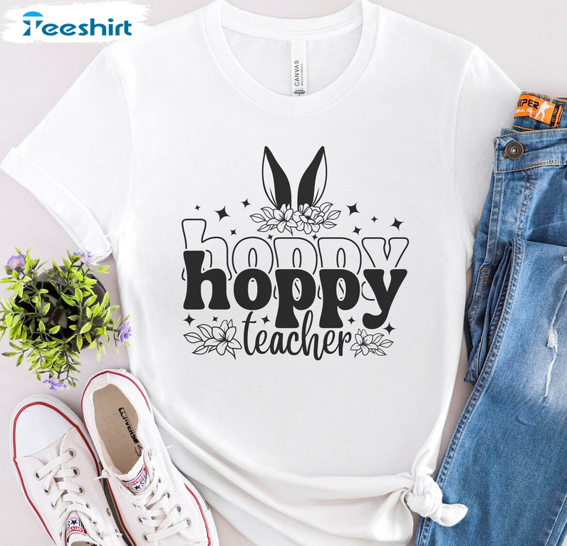 Hoppy Teacher Cute Shirt, Bunny Easter Teacher Short Sleeve Crewneck