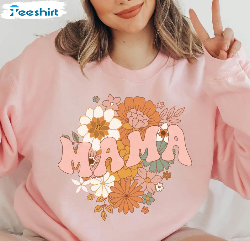 Retro Mama Sweatshirt, Floral Funny Mom Sweatshirt Short Sleeve