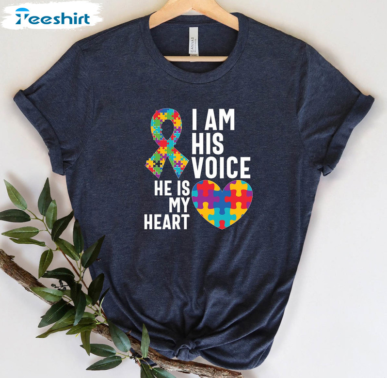 Vintage I Am His Voice He Is My Heart Shirt, Autism Awareness Short Sleeve Crewneck