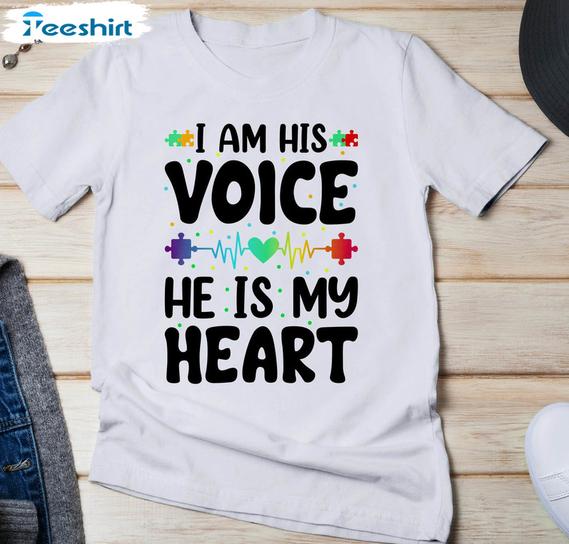 I Am His Voice He Is My Heart Autism Shirt, Cute Puzzle Pieces Heart Short Sleeve Crewneck