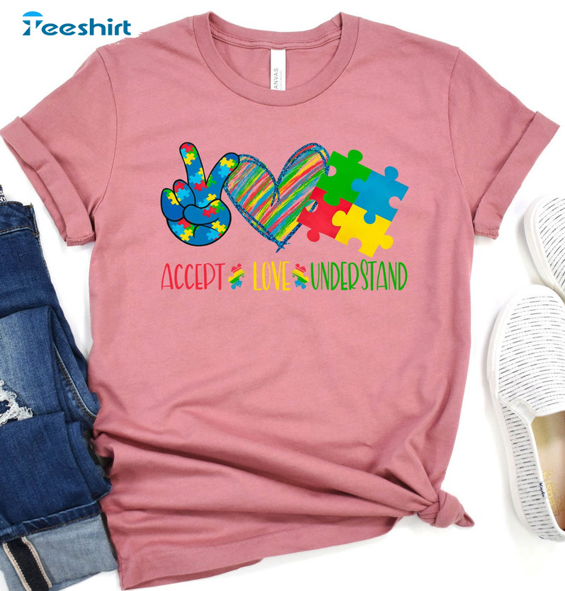 Accept Love Understand Rainbow Shirt, Heart Puzzle Short Sleeve Crewneck