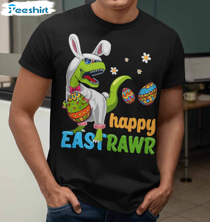 Funny Happy Eastrawr Shirt, Dinosaur Easter Short Sleeve Sweater