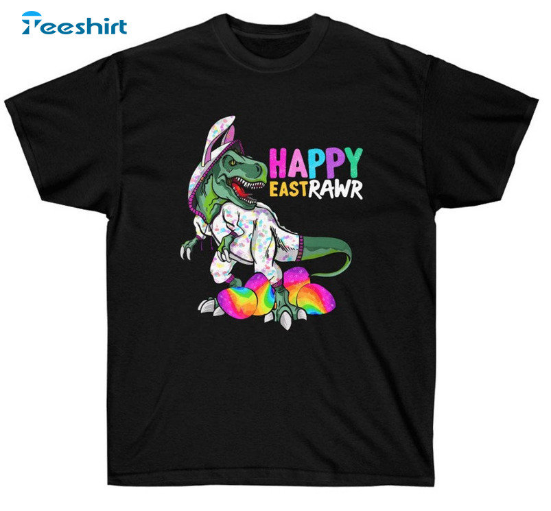 Happy Eastrawr T Rex Funny Shirt, Trendy Dinosaur Eggs Crewneck Sweatshirt