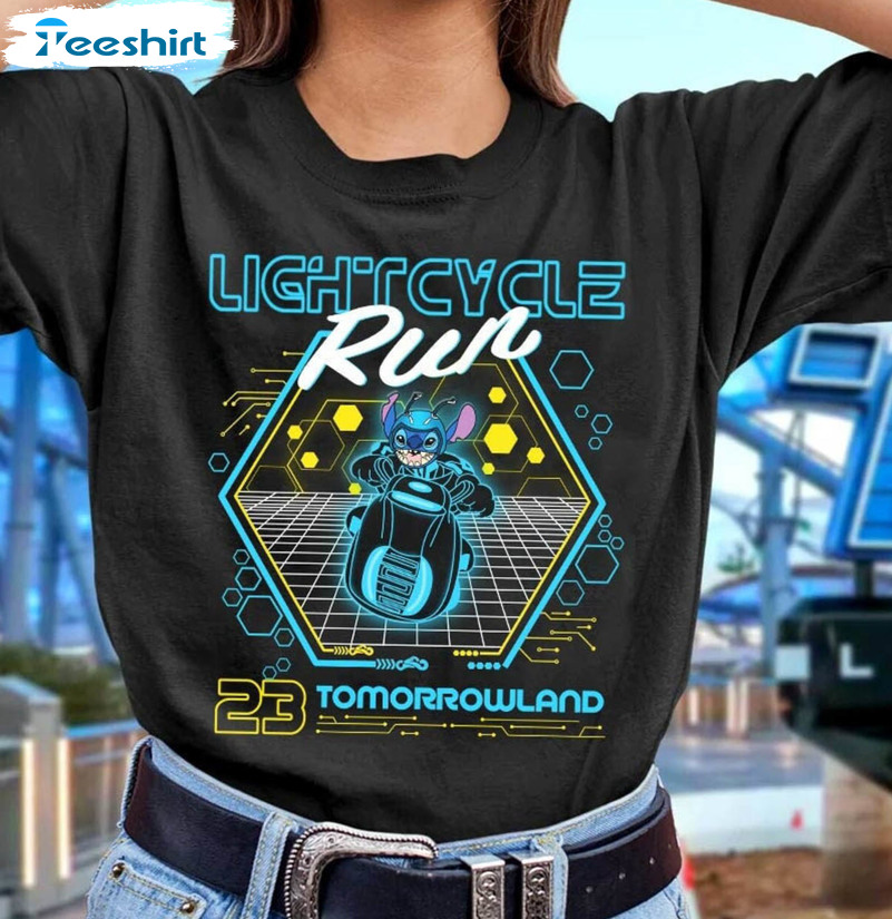 Disney Stitch Tron Lightcylce Run Tomorrowland 2023 Shirt, Trendy Disneyland Stitch Tron Bike Short Sleeve Tee Tops