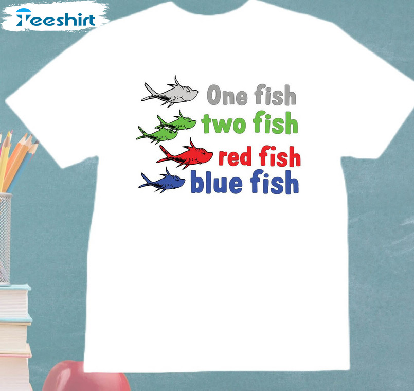 One Fish Two Fish Red Fish Blue Fish Dr Seuss Shirt, Trendy Teacher Seuss Day Tee Tops Short Sleeve