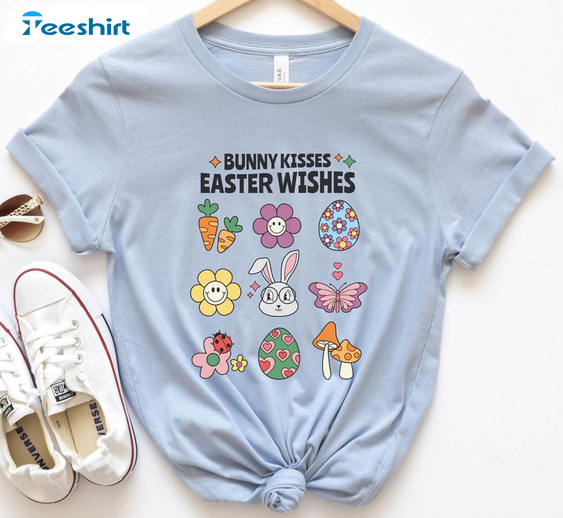 Funny Easter Days Shirt, Bunny Kisses Easter Wishes Sweater Short Sleeve