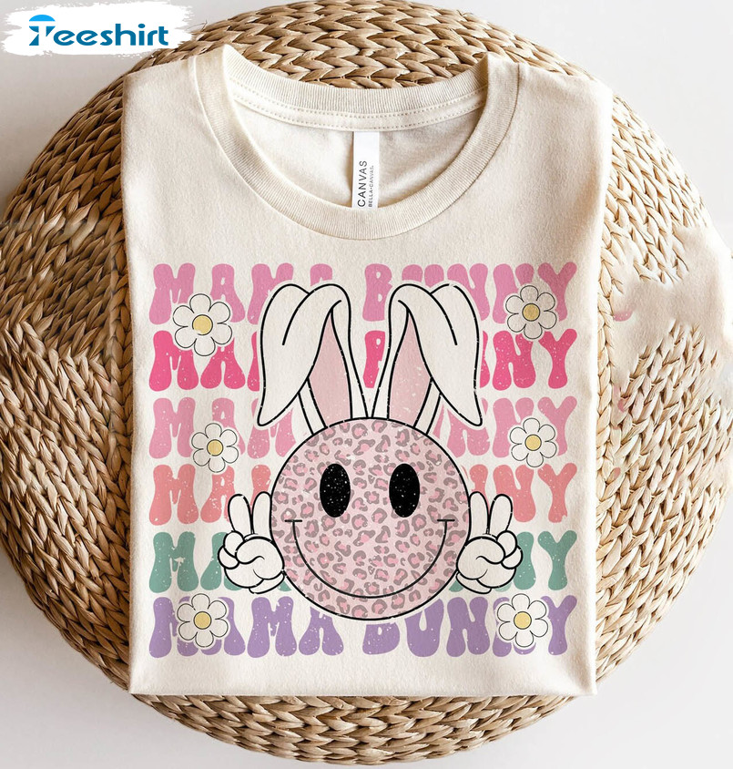 Mama Bunny Vintage Shirt, Trendy Smiley Face Easter Unisex T-shirt Short Sleeve