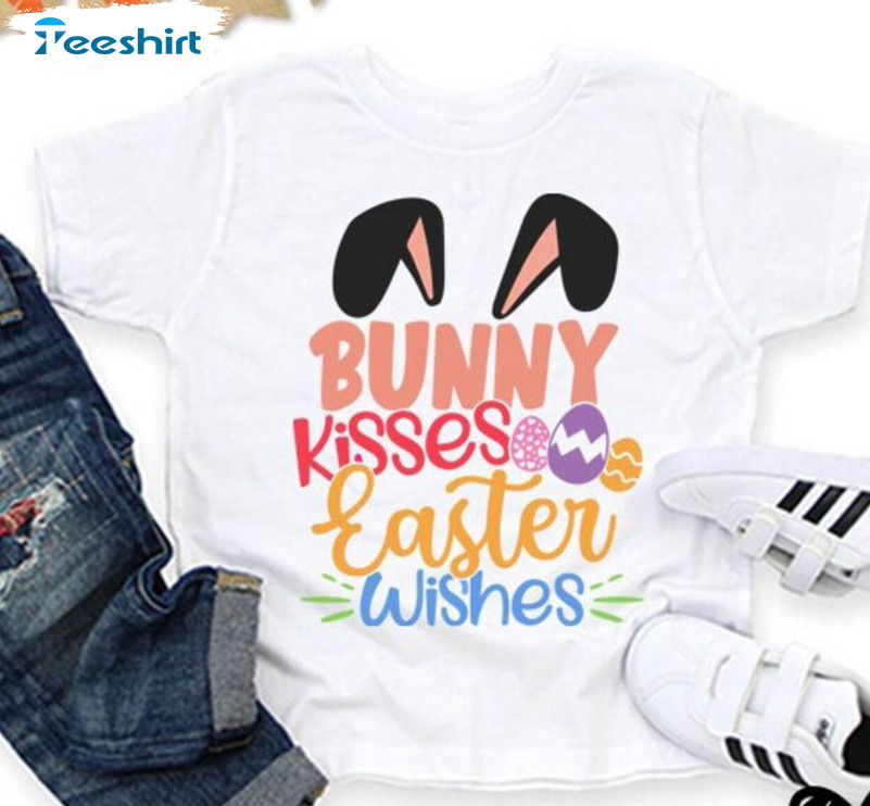 Bunny Kisses Easter Wishes Cute Shirt, Trendy Easter Day Short Sleeve Crewneck