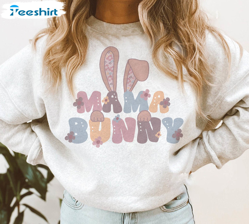 Mama Bunny Vintage Shirt, Groovy Easter Short Sleeve Sweatshirt