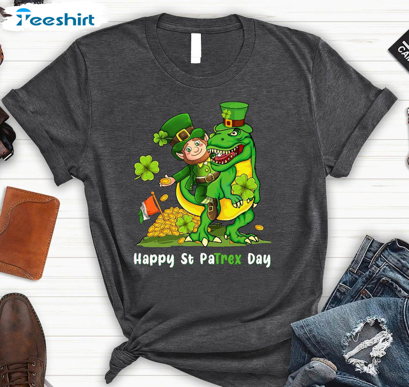 St Patricks Day Leprechaun Riding Dinosaur Shirt, Trendy St Patrick Day Unisex Hoodie Sweater