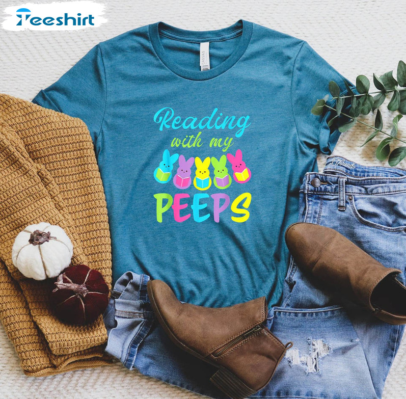 Reading With My Peeps Funny Shirt, Trendy Reading Bunny Long Sleeve Unisex Hoodie