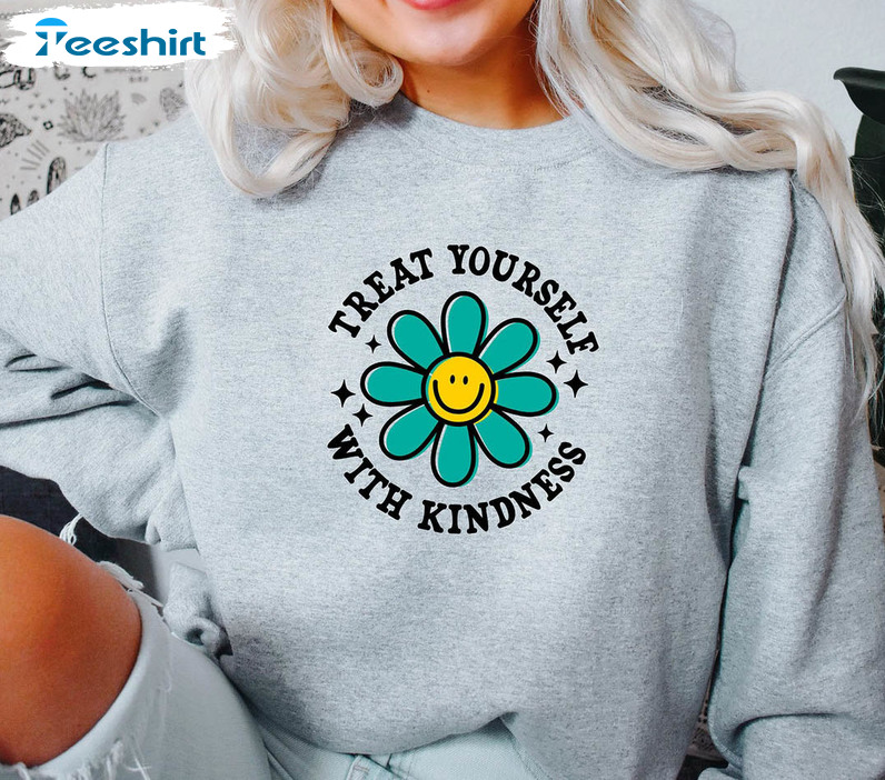 Treat Yourself With Kindness Mental Heath Shirt, Vintage Flower Long Sleeve Unisex T-shirt