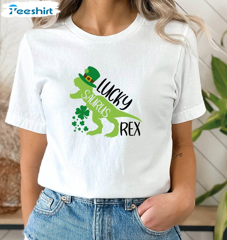 Lucky Saurus Rex Shirt, St Patricks Day Tee Tops Short Sleeve