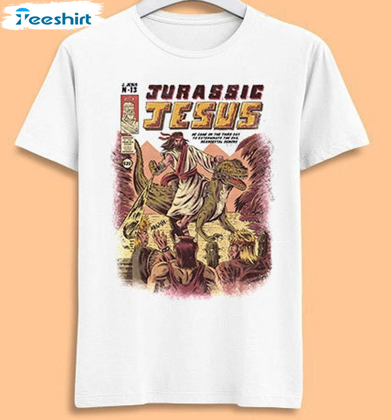 Jesus Riding Dinosaur Trendy Shirt, Cool Movie Music Unisex T-shirt Short Sleeve