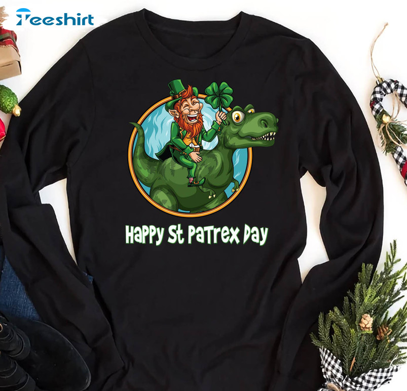 Funny Leprechaun Riding Dinosaur Shirt, Trendy St Patricks Day Crewneck Sweatshirt