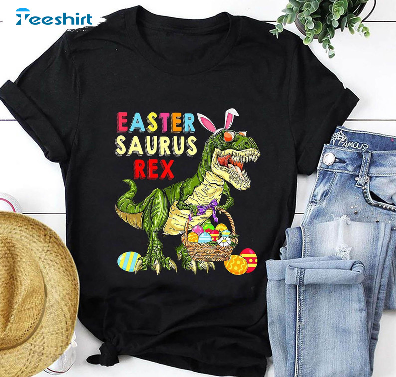 Easter Bunny Saurus Rex Shirt, Trendy T Rex Hunter Sweatshirt Short Sleeve