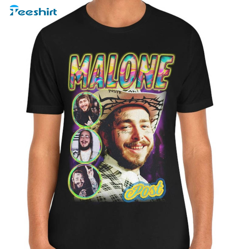 Post Malone Vintage Shirt, Smiling Post Malone Retro Rainbow Unisex T-shirt Tee Tops