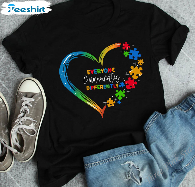 Autism Awareness Shirt, Puzzle Piece Everyone Communicate Differently Short Sleeve Tee Tops