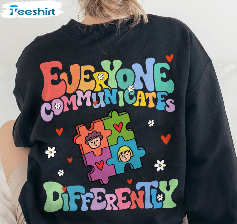 Everyone Communicate Differently Cute Shirt, Vintage Autism Awareness Short Sleeve Unisex T-shirt