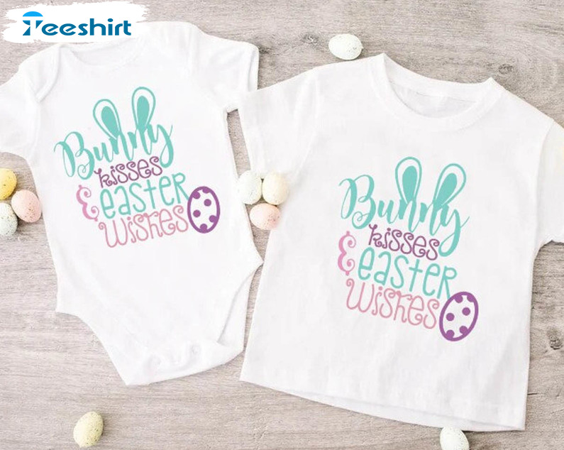 Bunny Kisses Easter Wishes Trendy Shirt, Cute Easter Family Matching Unisex Hoodie Long Sleeve