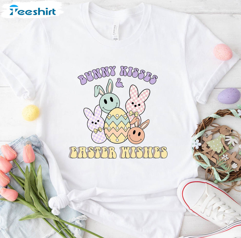 Bunny Kisses Easter Wishes Funny Shirt, Happy Easter Sweater Short Sleeve