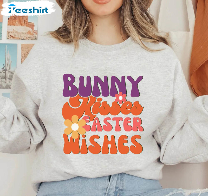 Bunny Kisses Easter Wishes Vintage Shirt, Bunny Lover Long Sleeve Sweater