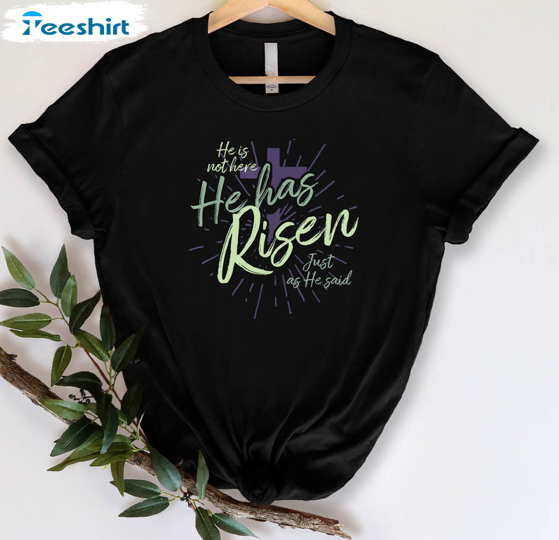 He Is Not Here He Has Risen Shirt, Trendy Easter Bunny Tee Tops Short Sleeve