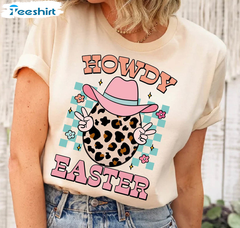 Retro Howdy Easter Shirt, Howdy Leopard Easter Egg Unisex Hoodie Long Sleeve