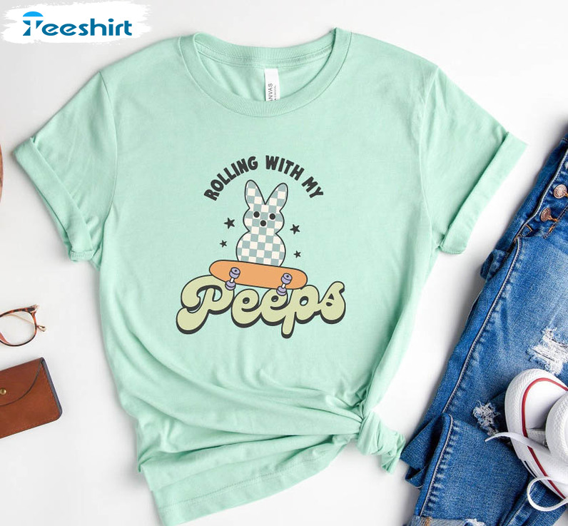 Rolling With My Peeps Cute Shirt, Skateboard Bunny Short Sleeve Tee Tops