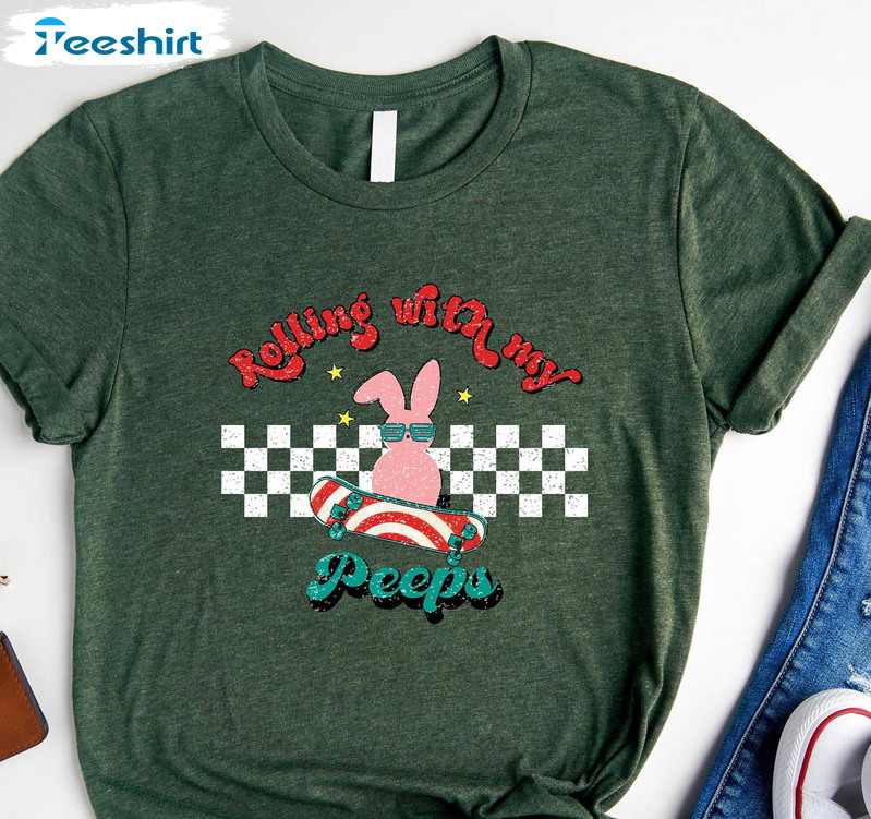 Rolling With My Peeps Cute Shirt, Skateboard Bunny Tee Tops Unisex Hoodie