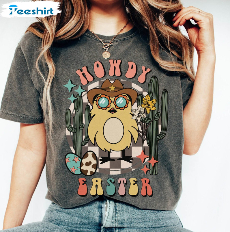 Howdy Easter Western Shirt, Trendy Groovy Chick Easter Long Sleeve Hoodie