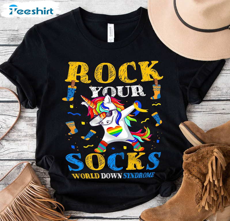 Unicorn Rock Your Socks Down Syndrome Shirt, Blue And Yellow Ribbon Unisex T-shirt Long Sleeve