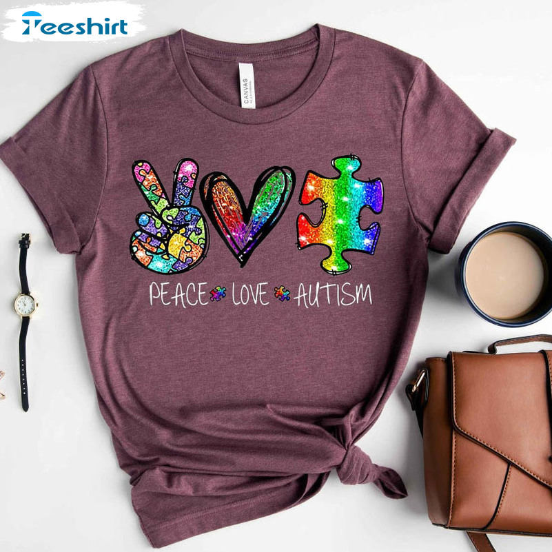 Peace Love Autism Trendy Shirt, Autism Awareness Long Sleeve Unisex Hoodie